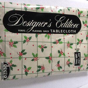 Vintage Decro Christmas Vinyl Tablecloth  Holly New in Bag Flannel Bottom Oblong